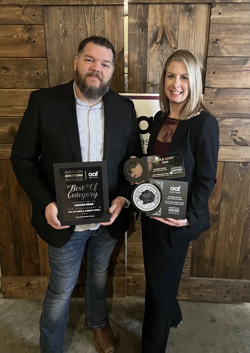 Matthew and Ashly Mellor holding Best of Show, Gold ADDY and Best of Category awards, 2026 American Advertising Awards, AAF East Texas